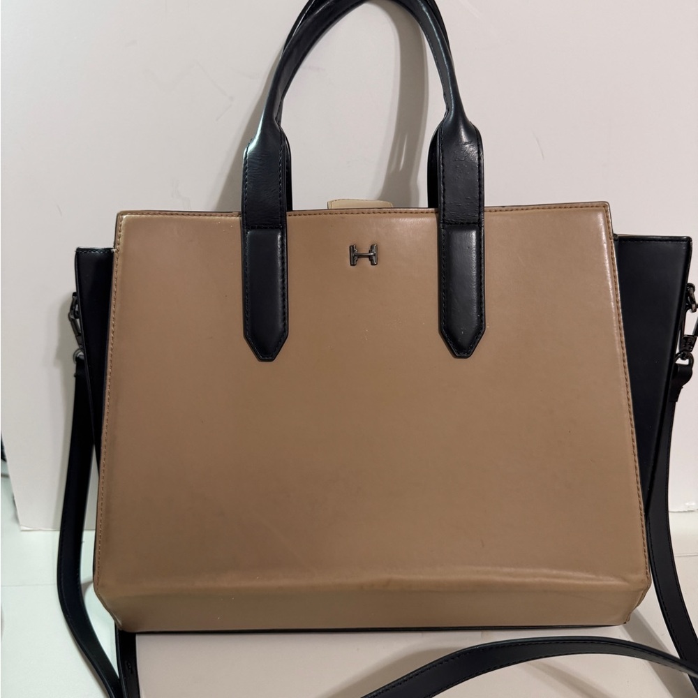 Halston Two-Tone Handbag | Beige & Black Structured Tote | Designer Work Satchel